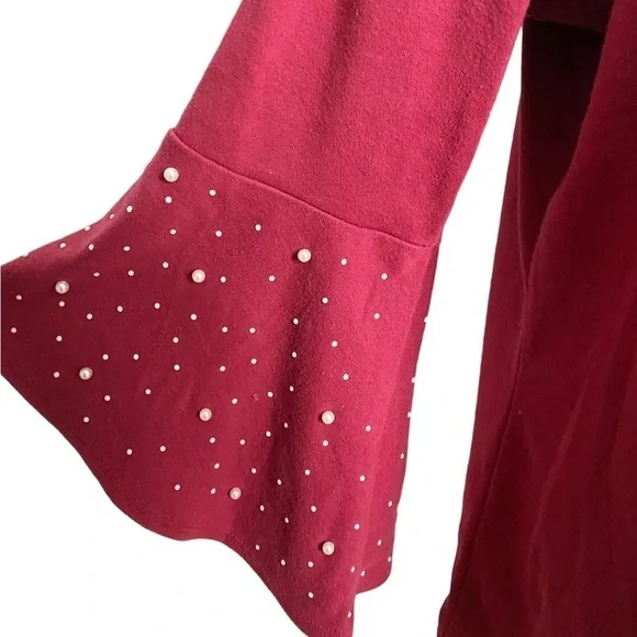 Quacker Factory RED Wine Pearl Beads on Bell Sleeve Dressy Top Size Large - Picture 4 of 12